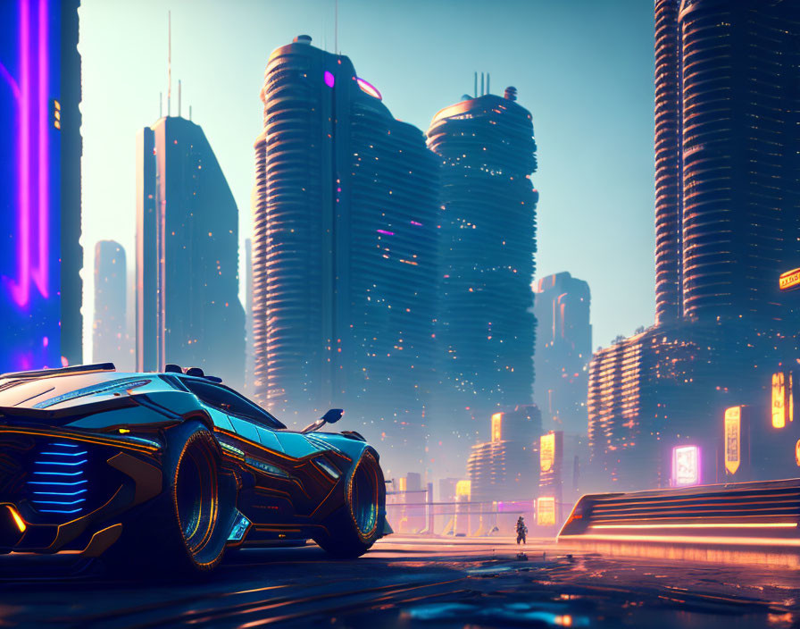 Futuristic car with glowing blue accents in neon-lit cityscape at dusk
