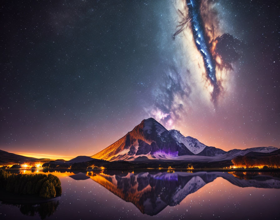 Tranquil lake under starry night sky with Milky Way galaxy and mountain range reflection