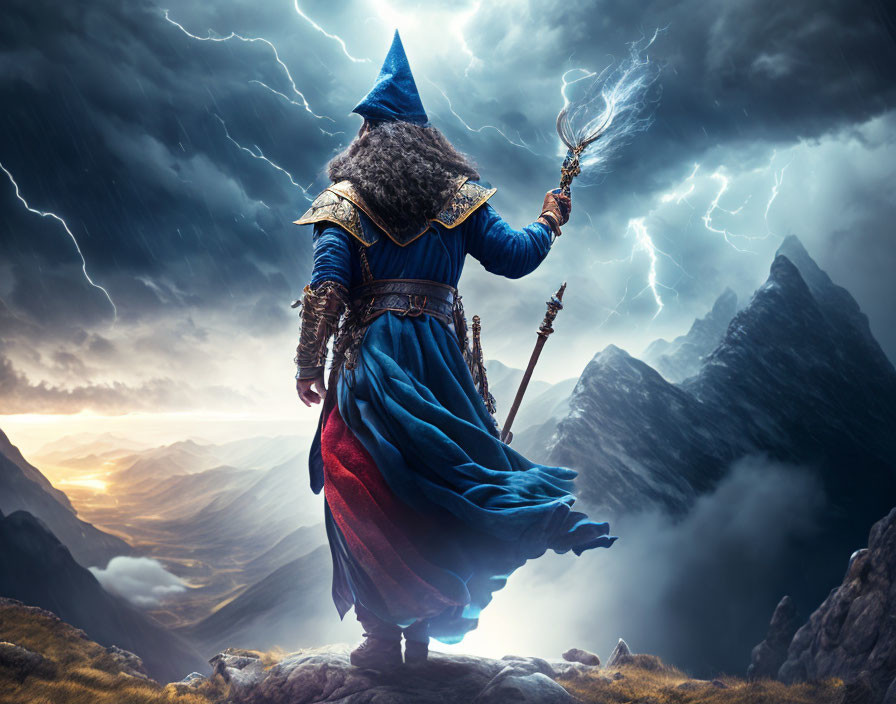 Wizard on mountain peak with staff under stormy sky