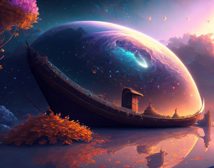 Surreal ancient boat on tranquil lake with vibrant sky and giant planet
