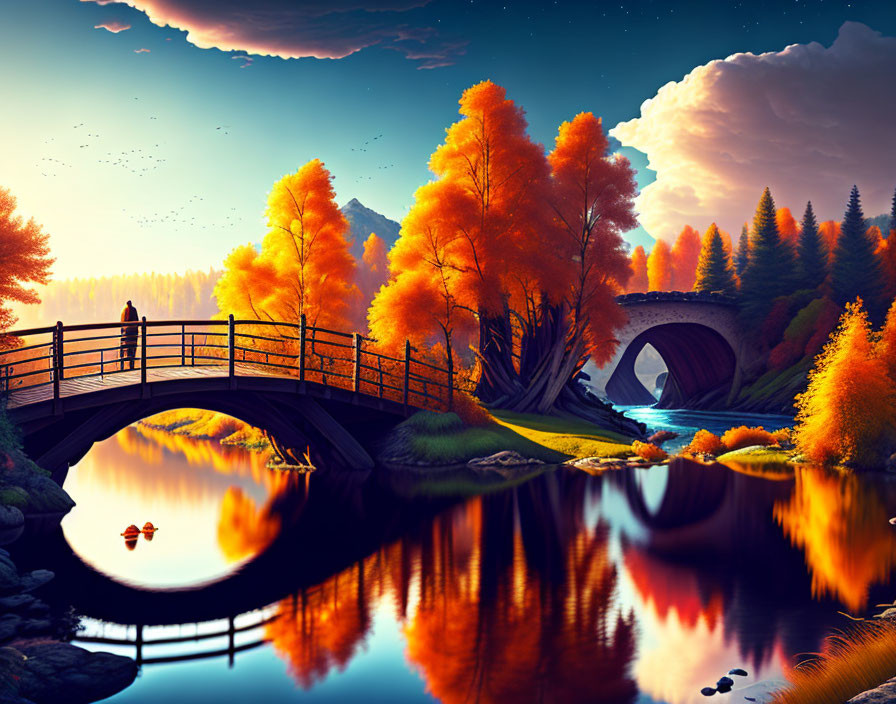 Autumnal landscape with two people on a bridge