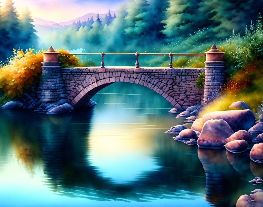 Tranquil pond with stone bridge, lush foliage, orange and purple hues reflected at dawn or dusk