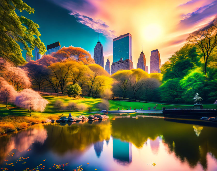 City park sunset with reflective pond & skyscrapers