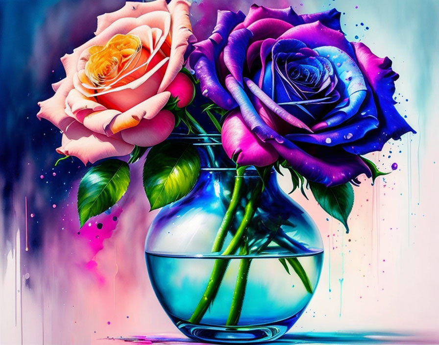 Colorful pink and purple roses in blue vase with paint splatters.