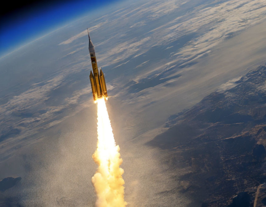 Rocket launching into space with bright flames against Earth's horizon
