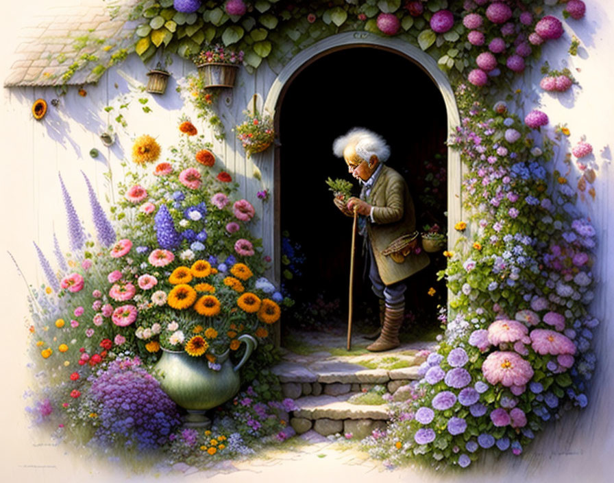 Elderly person with flowers in lush garden setting