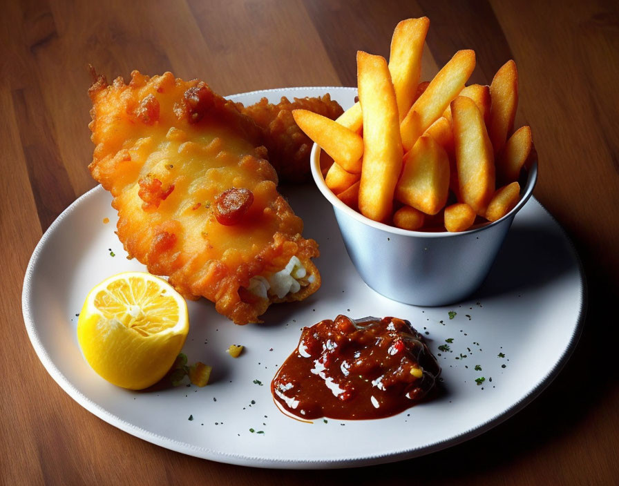 Classic Fish and Chips with Lemon, Tartar Sauce, and Ketchup
