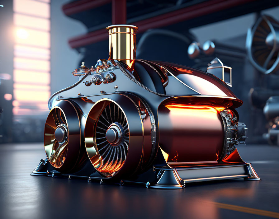 Futuristic shiny engine with copper accents and twin exhausts in industrial setting