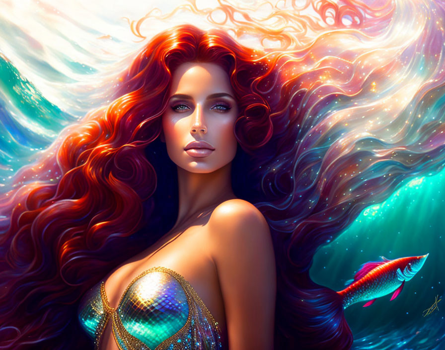 Mermaid digital art with red hair and shimmering tail in underwater scene