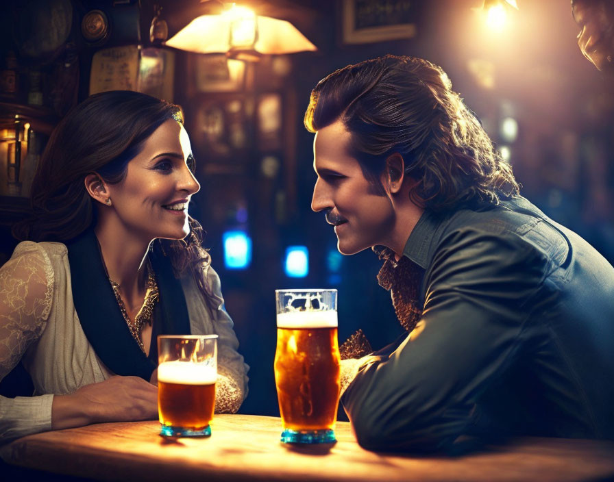 Man and woman conversing with beers in warmly lit bar setting