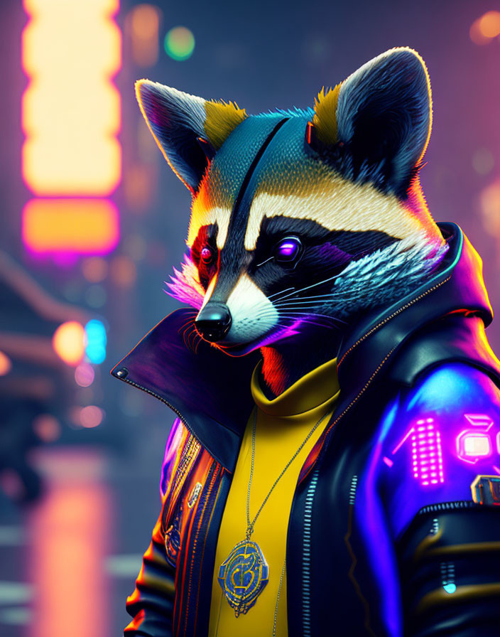 Stylized digital artwork: Raccoon with human-like features in futuristic urban scene