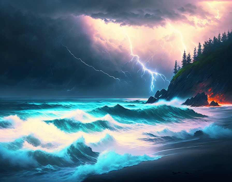 Stormy ocean digital artwork with crashing waves and lightning.