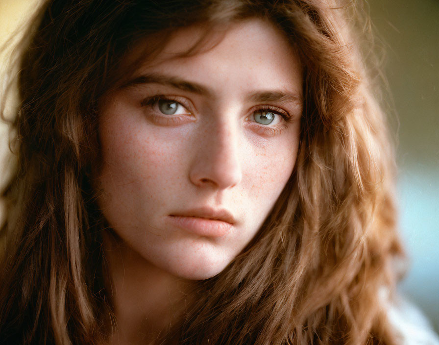 Portrait of woman with wavy auburn hair, green eyes, freckles, and p