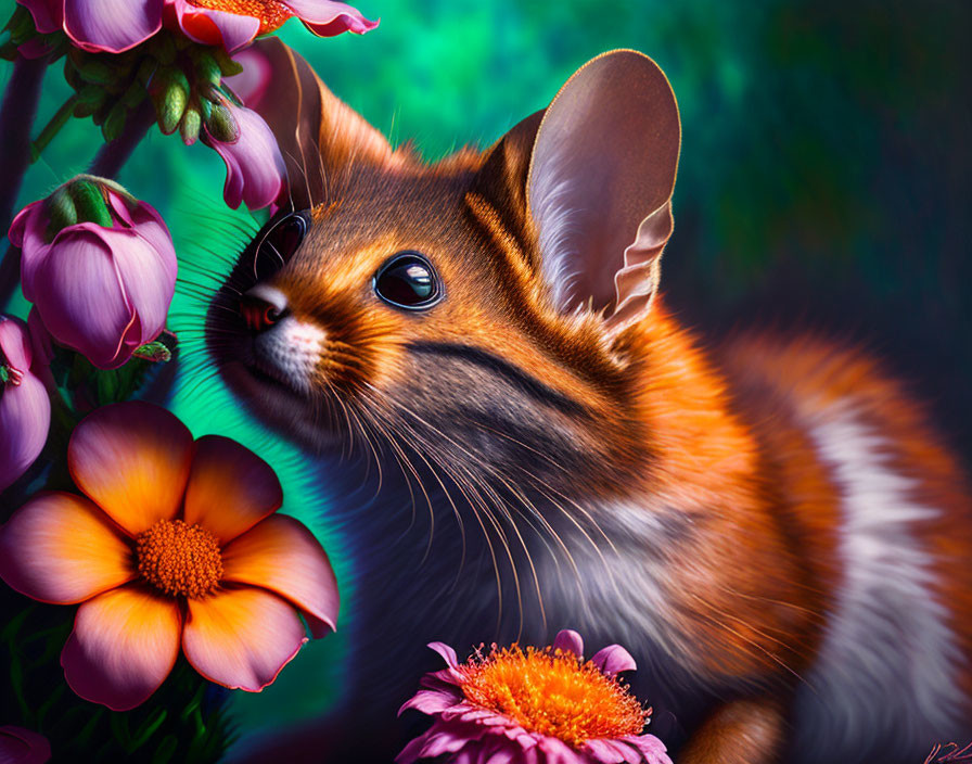 Colorful whimsical creature: Mouse head, tiger body, surrounded by flowers