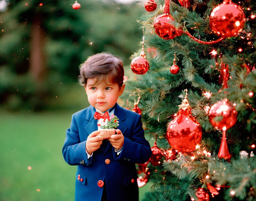 Child in Blue Jacket with Festive Object by Christmas Tree