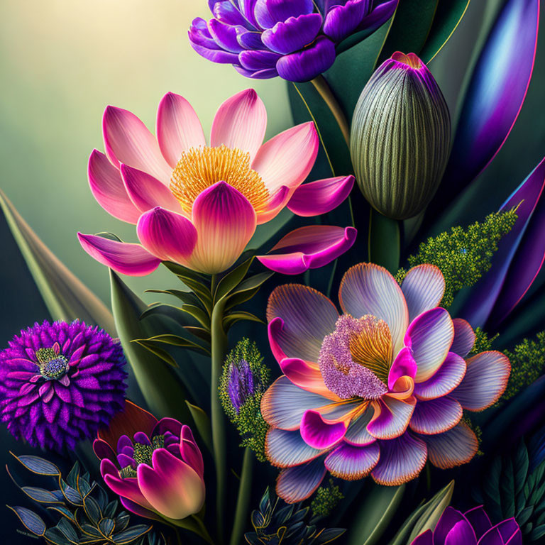 Colorful Digital Artwork Featuring Assorted Blooming Flowers