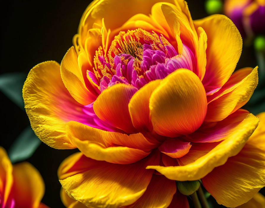 Colorful close-up of yellow and orange flower with purple accents and stamens on dark backdrop