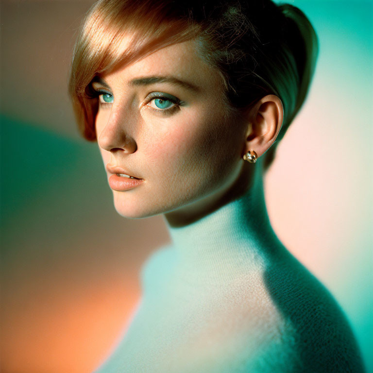 Auburn-Haired Woman Portrait with Subtle Smile and Warm Lighting