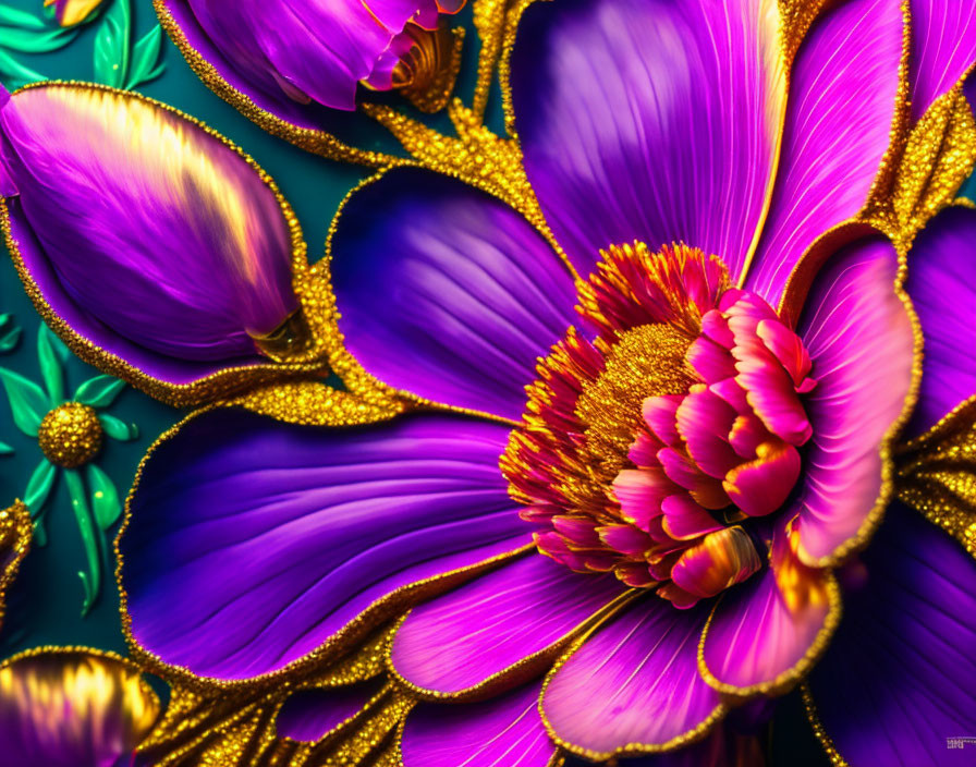 Digital Artwork: Purple Flowers with Gold Detailing