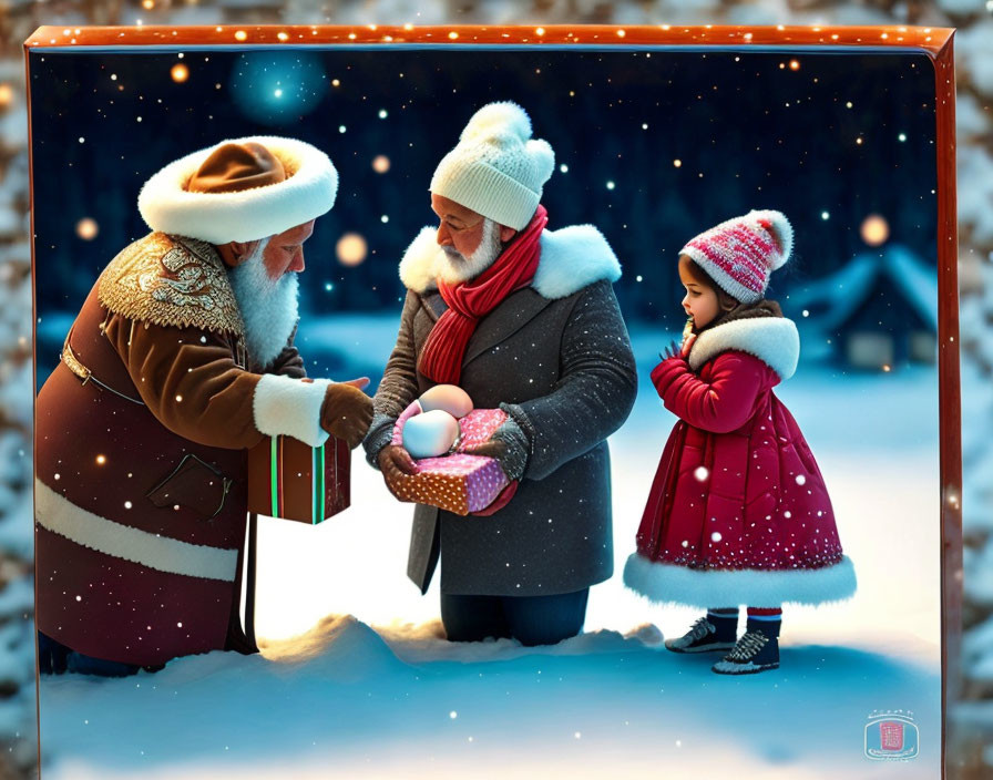 Santa Claus Figures Exchange Gifts with Girl in Snowy Scene