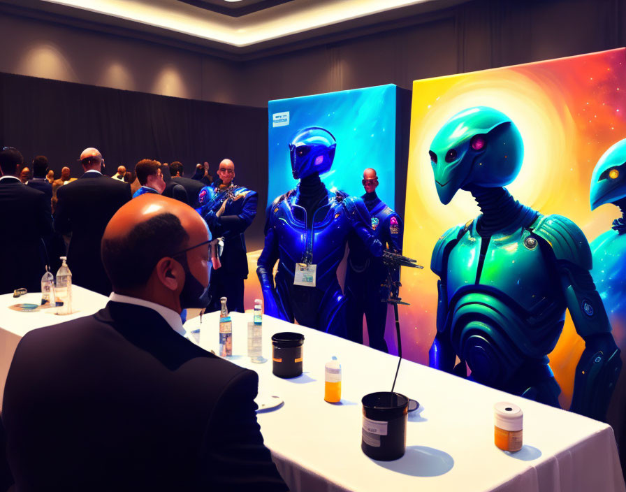 Futuristic blue and green humanoid armored models at conference booth