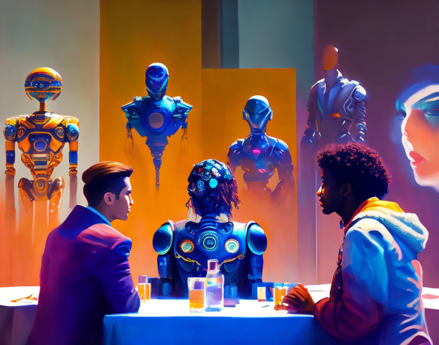 Men at table with drinks, humanoid robot, and futuristic setting.