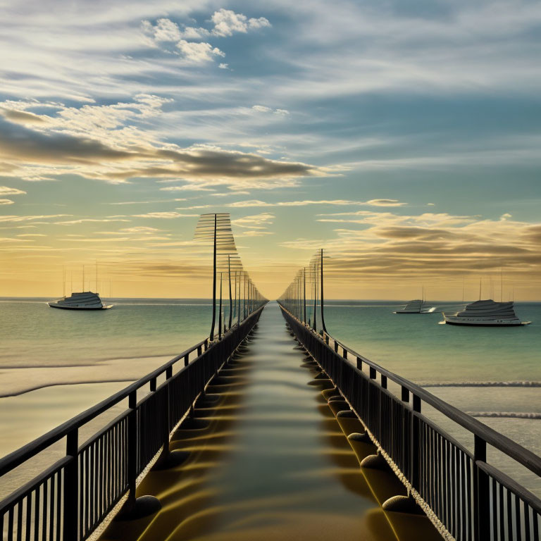 Symmetrical pier and yachts in tranquil sunset seascape