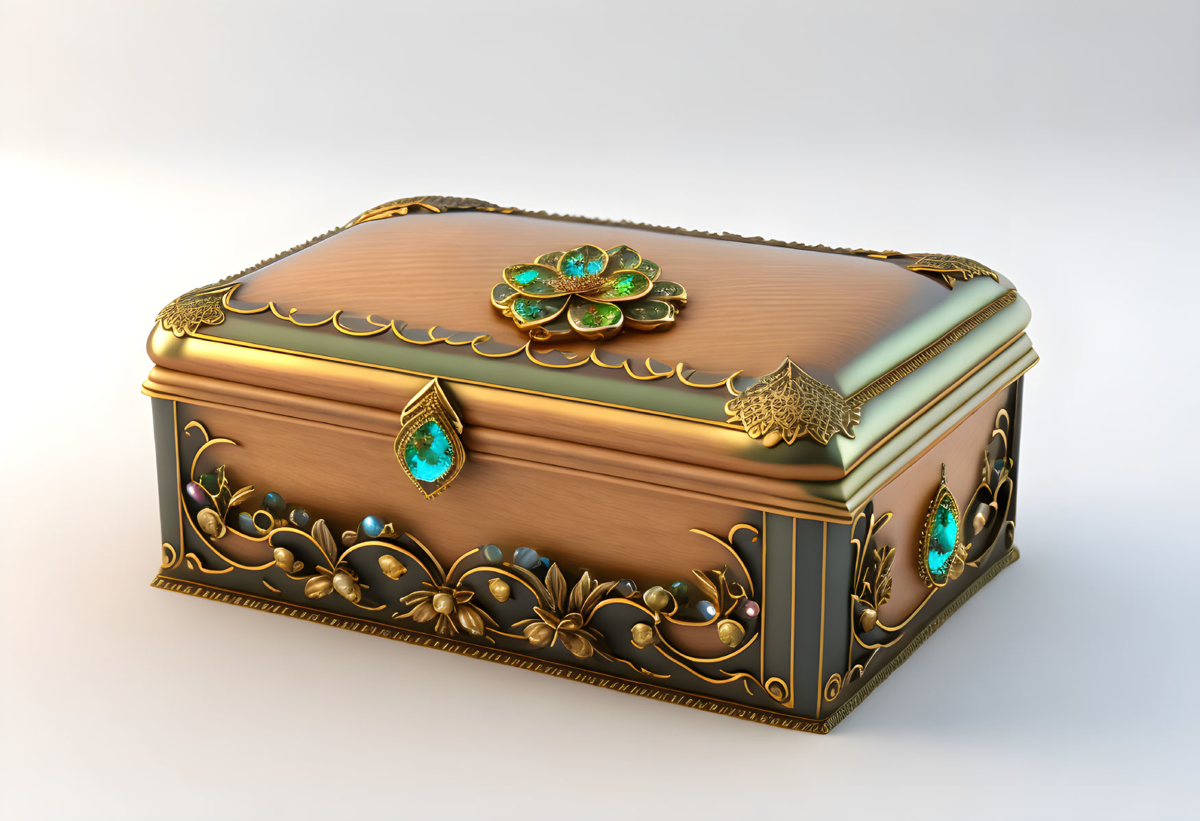 Luxurious Wooden Jewelry Box with Golden Filigree and Turquoise Stones