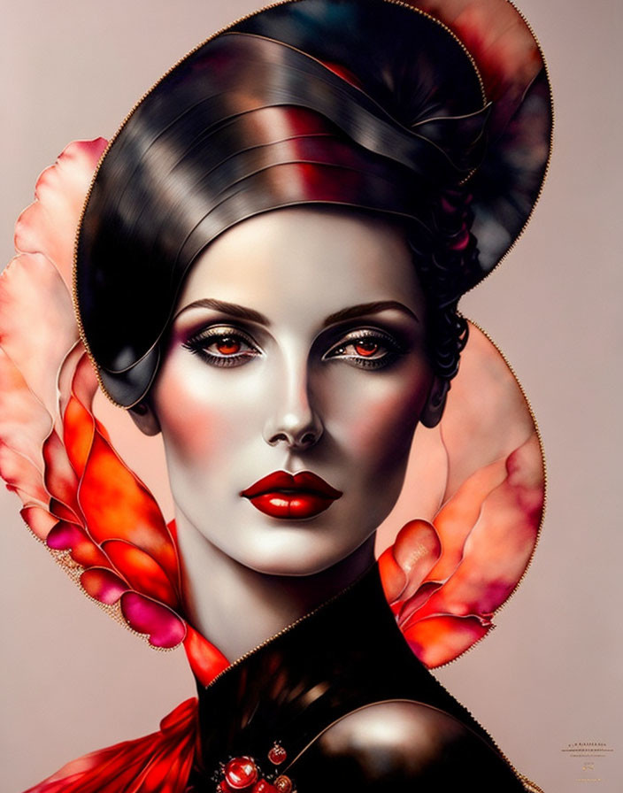 Stylized portrait of woman with dramatic makeup and vintage hairstyle