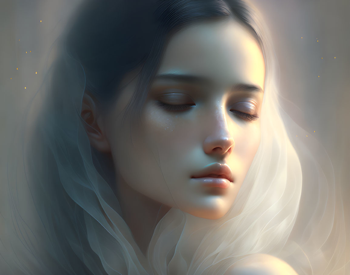 Portrait of woman with pale skin, white hair, closed eyes, serene expression, surrounded by soft glow