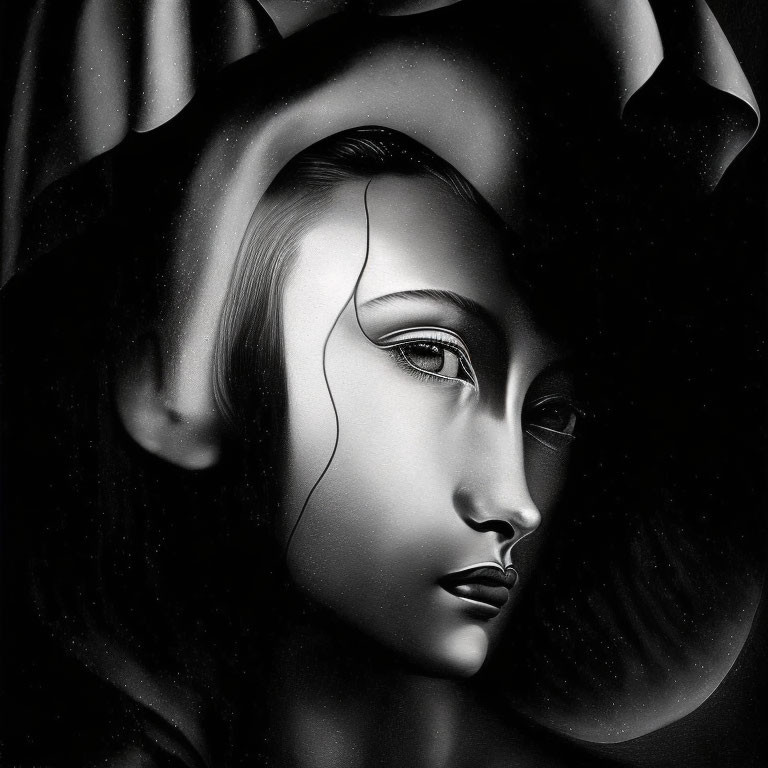 Stylized monochromatic digital artwork of a female face