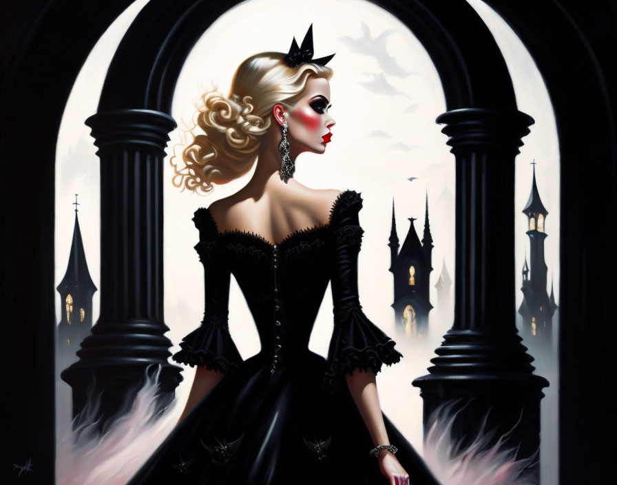 Gothic woman in black dress with crown, columns, and castle spires.