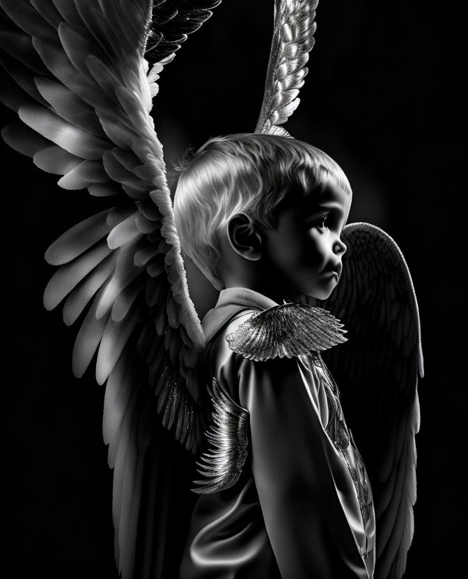 Monochromatic portrait of child with angel wings on dark backdrop