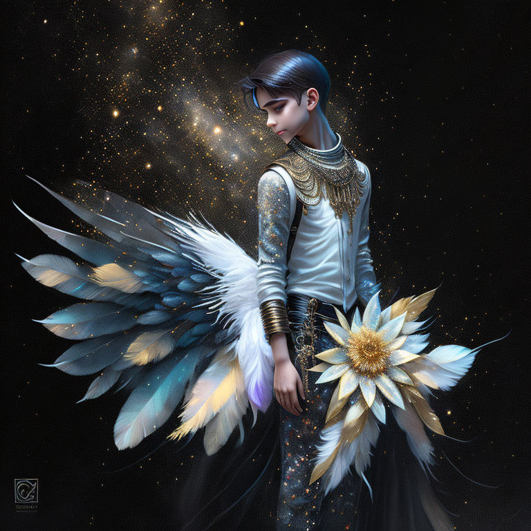 Fantastical figure with angelic wings in gold-accented costume