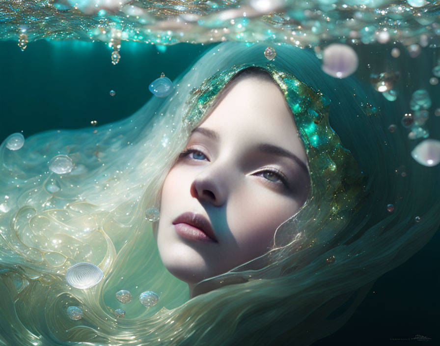 Woman with flowing hair adorned in ornaments submerged in water