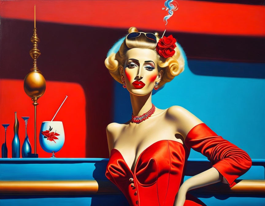 Stylized image of woman in red dress with rose, sunglasses, smoking