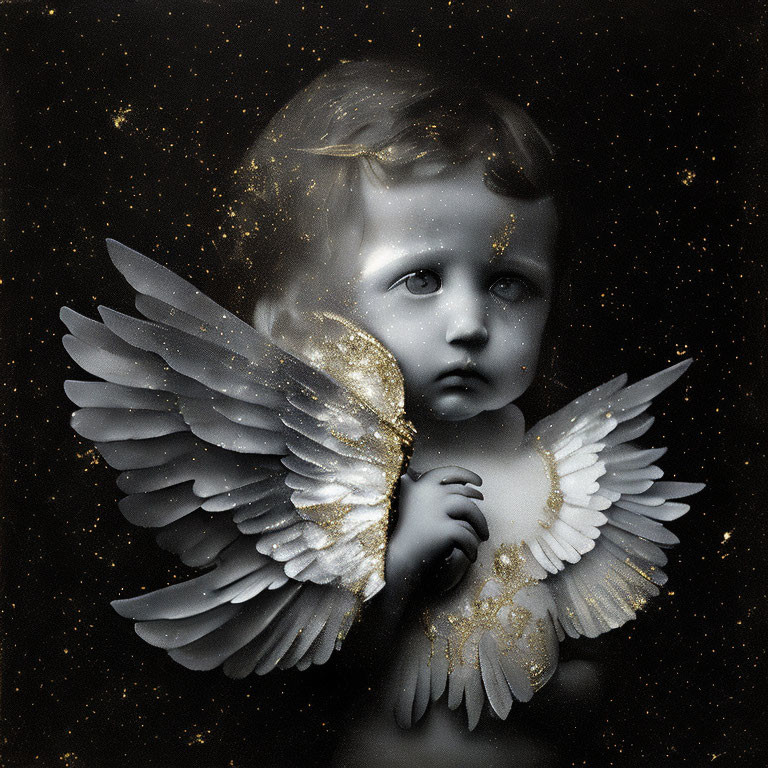 Cherubic figure with white and gold wings on starry black background