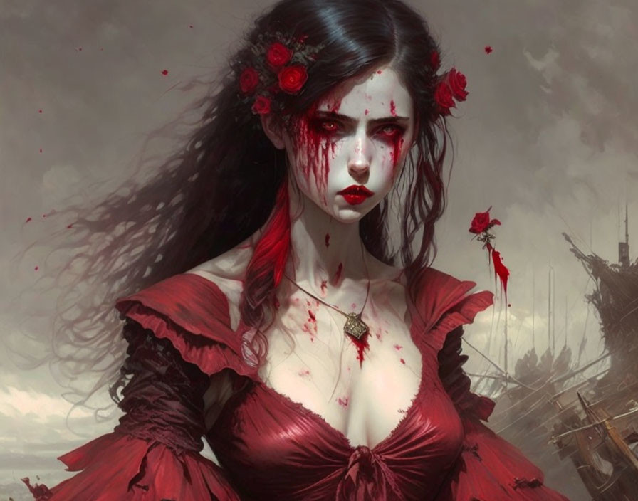 Gothic fantasy art: Woman with pale skin, red eyes, and blood details in red dress