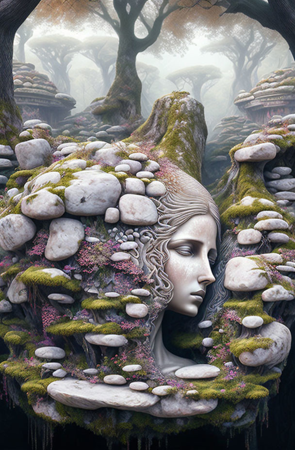 Surreal artwork: Woman's face merged with mossy landscape