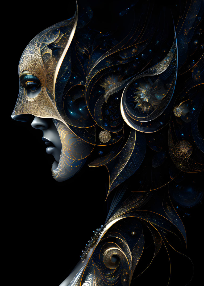 Stylized female profile with gold and blue cosmic patterns