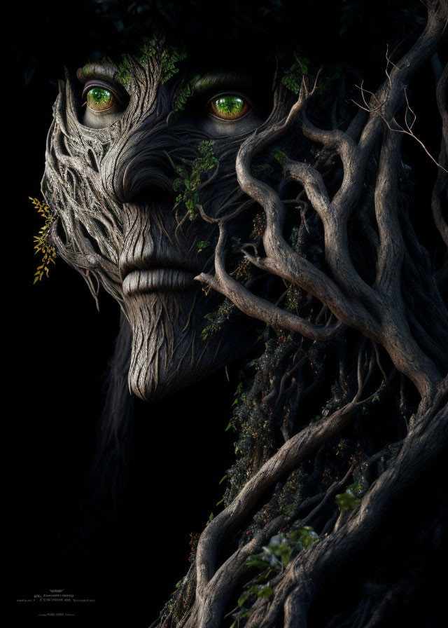 Tree with human face: Green eyes, foliage hair & features