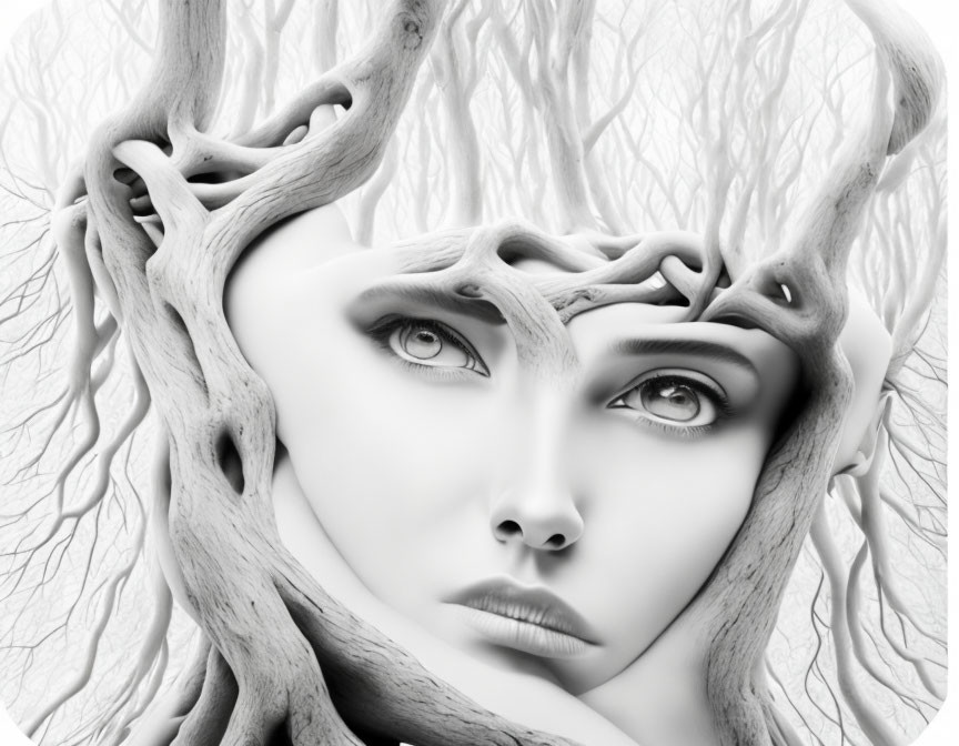 Monochromatic surreal portrait of a woman with tree branches in hair