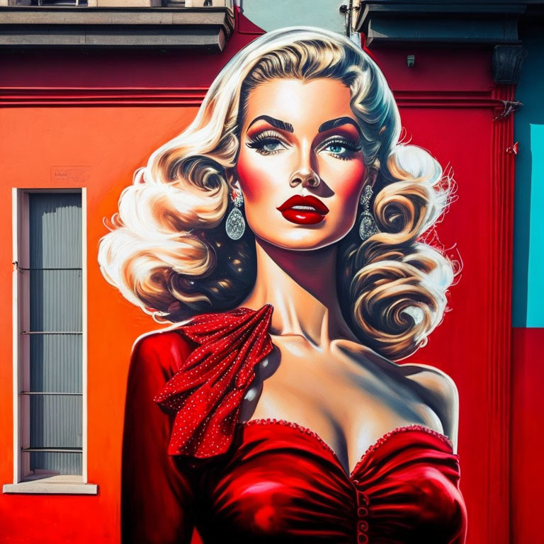 Colorful mural featuring glamorous woman in red dress