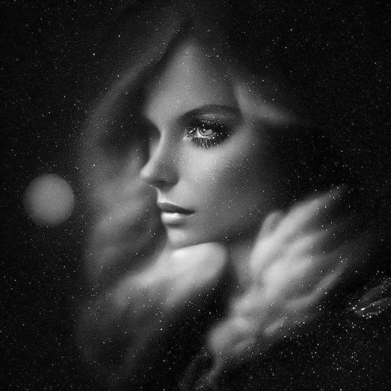 Monochrome portrait of a woman with prominent eyes and lips in a mystical setting