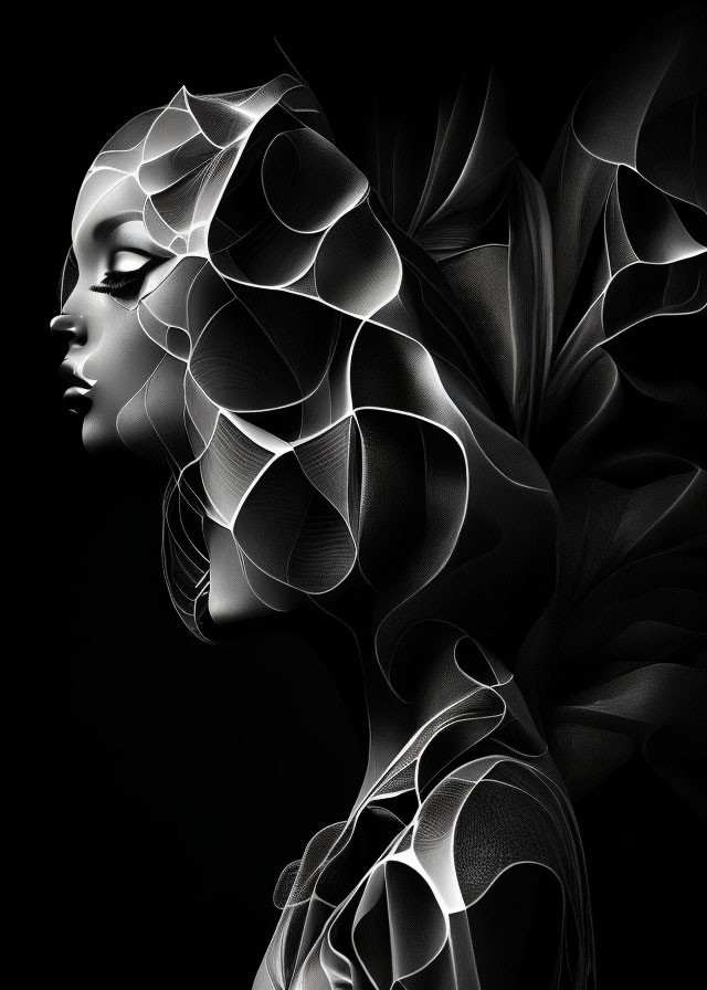 Monochromatic digital art of a woman with leaf-like headdress and delicate textures