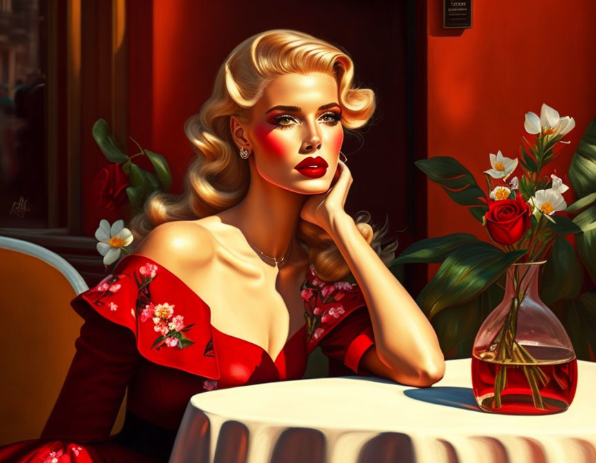 Blonde woman in red dress at table with flowers: Classic, glamorous portrait