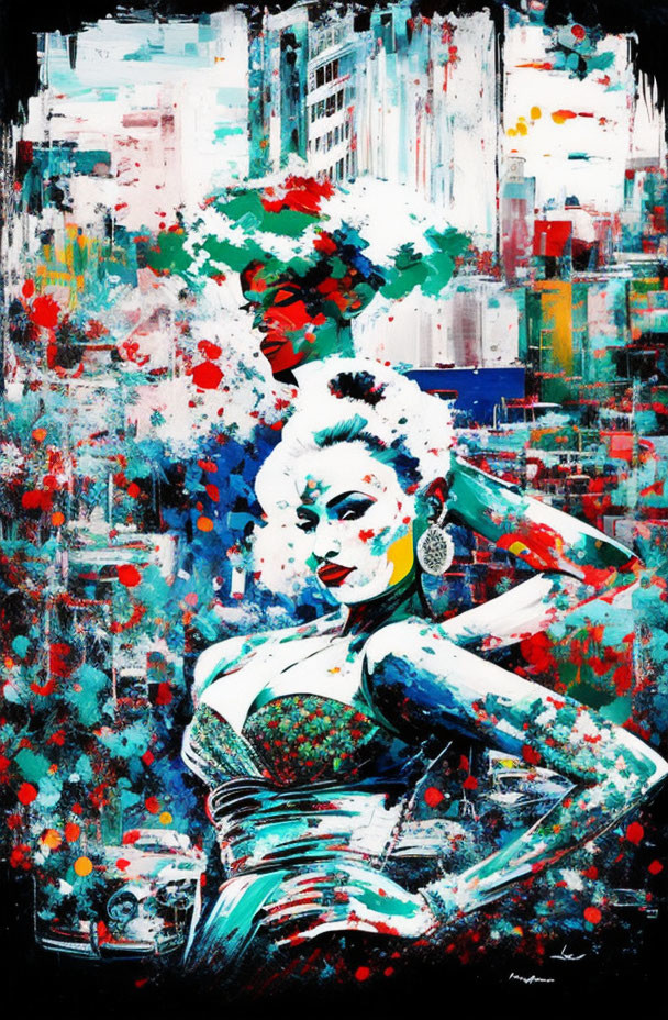 Colorful abstract painting of woman with bold makeup and exaggerated hairstyle in chaotic red, white, and blue