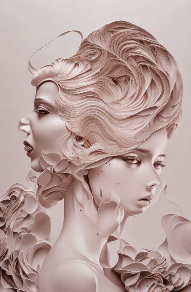 Intricately sculpted stylized female figures with elaborate hairstyles in monochromatic pastel pink