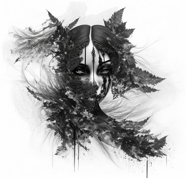 Grayscale image of woman's face with decorative patterns and leaf-like textures