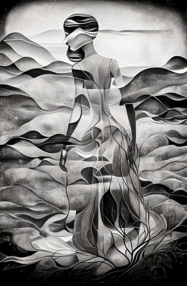 Monochromatic stylized female figure with abstract wavy patterns